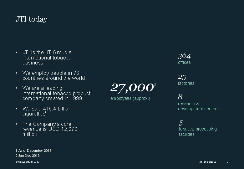 JTI today • JTI is the JT Group’s international tobacco business 364 • We