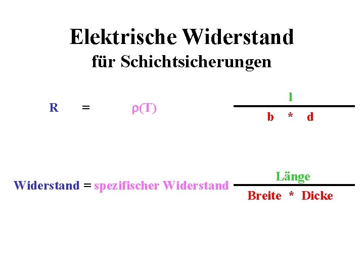 Elektrische Widerstand für Schichtsicherungen R = (T) Widerstand = spezifischer Widerstand b l *