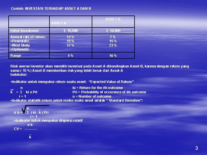 Contoh: INVESTASI TERHADAP ASSET A DAN B ASSET-A Initial Investment $ 10, 000 Annual