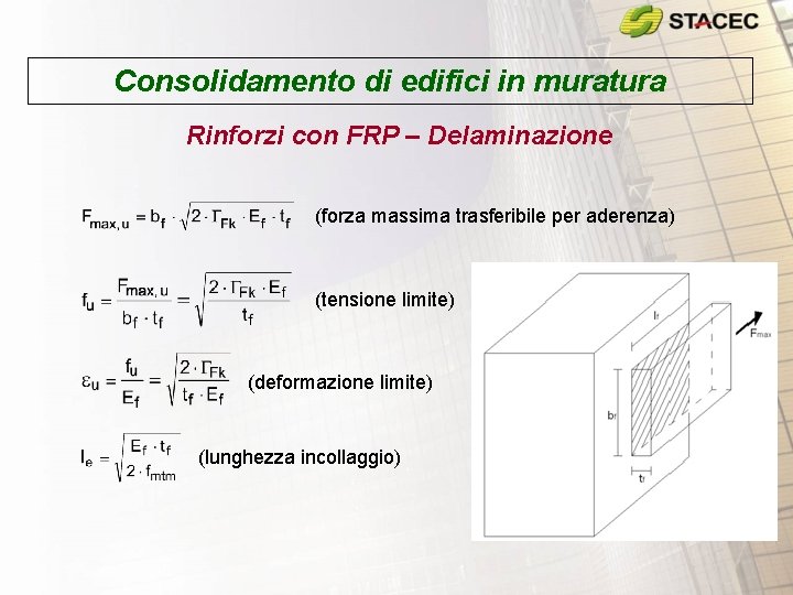 Consolidamento di edifici in muratura Rinforzi con FRP – Delaminazione (forza massima trasferibile per Consolidamento di edifici in muratura Rinforzi con FRP – Delaminazione (forza massima trasferibile per