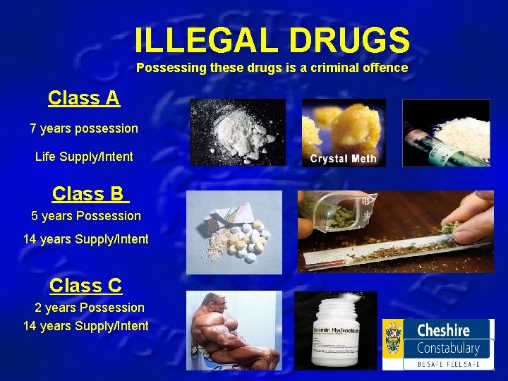 ILLEGAL DRUGS Possessing these drugs is a criminal offence Class A 7 years possession