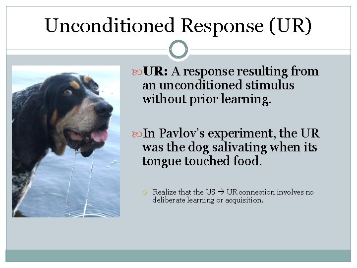Unconditioned Response (UR) UR: A response resulting from an unconditioned stimulus without prior learning.