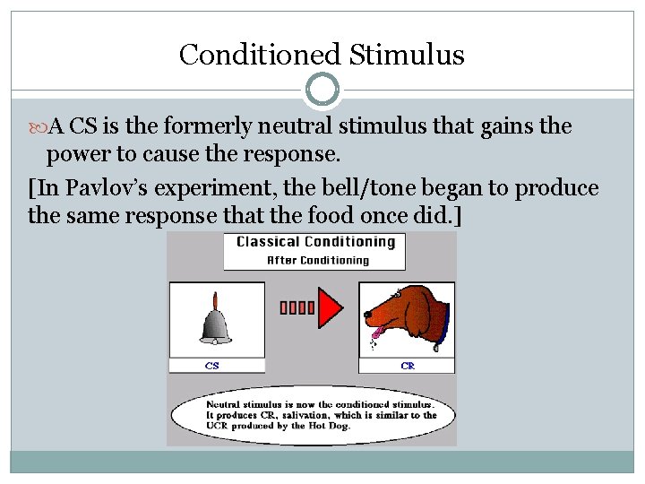 Conditioned Stimulus A CS is the formerly neutral stimulus that gains the power to