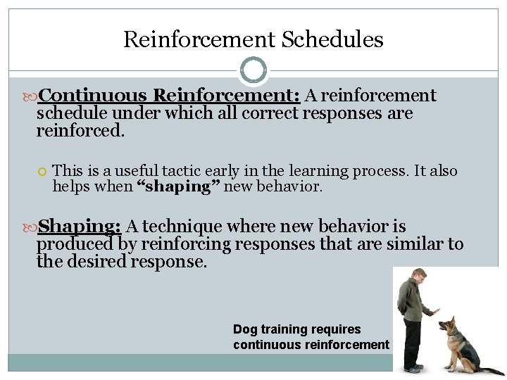 Reinforcement Schedules Continuous Reinforcement: A reinforcement schedule under which all correct responses are reinforced.