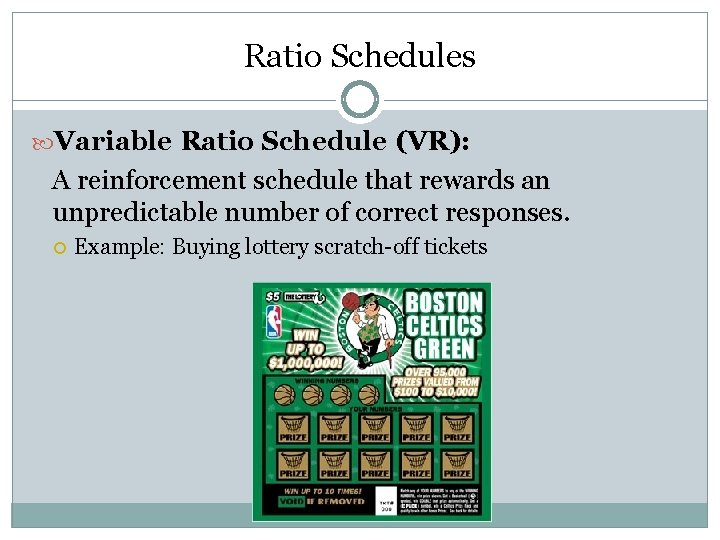 Ratio Schedules Variable Ratio Schedule (VR): A reinforcement schedule that rewards an unpredictable number