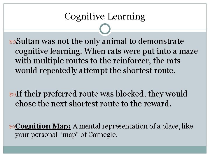 Cognitive Learning Sultan was not the only animal to demonstrate cognitive learning. When rats