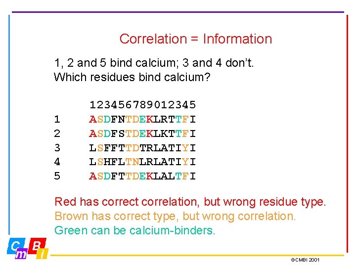Correlation = Information 1, 2 and 5 bind calcium; 3 and 4 don’t. Which