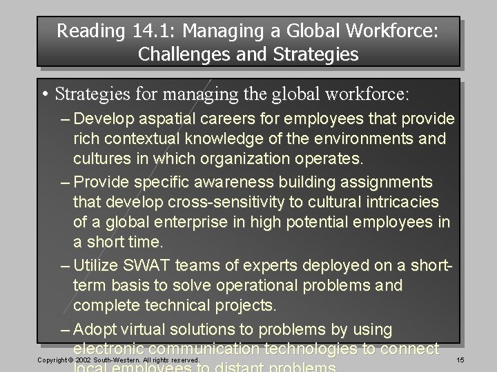 Reading 14. 1: Managing a Global Workforce: Challenges and Strategies • Strategies for managing