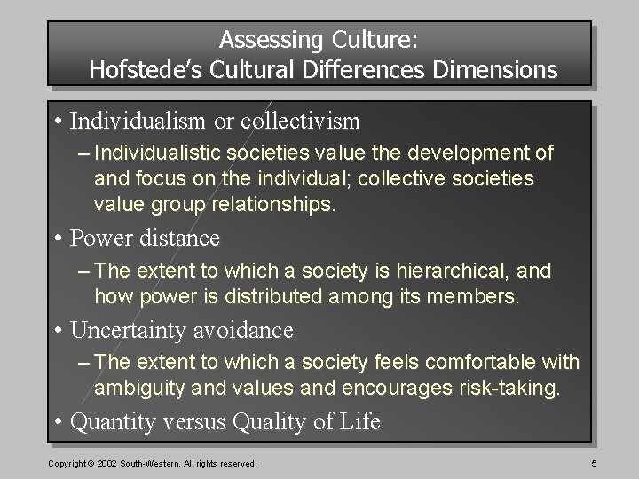 Assessing Culture: Hofstede’s Cultural Differences Dimensions • Individualism or collectivism – Individualistic societies value