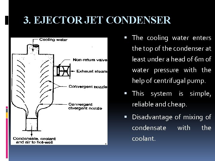 3. EJECTOR JET CONDENSER The cooling water enters the top of the condenser at