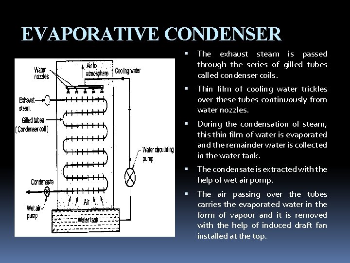 EVAPORATIVE CONDENSER The exhaust steam is passed through the series of gilled tubes called