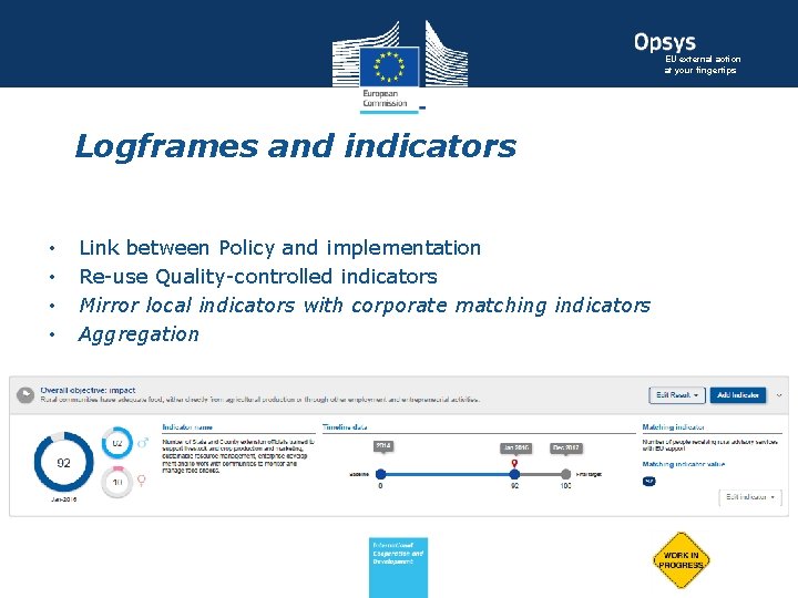 EU external action at your fingertips Logframes and indicators • • Link between Policy