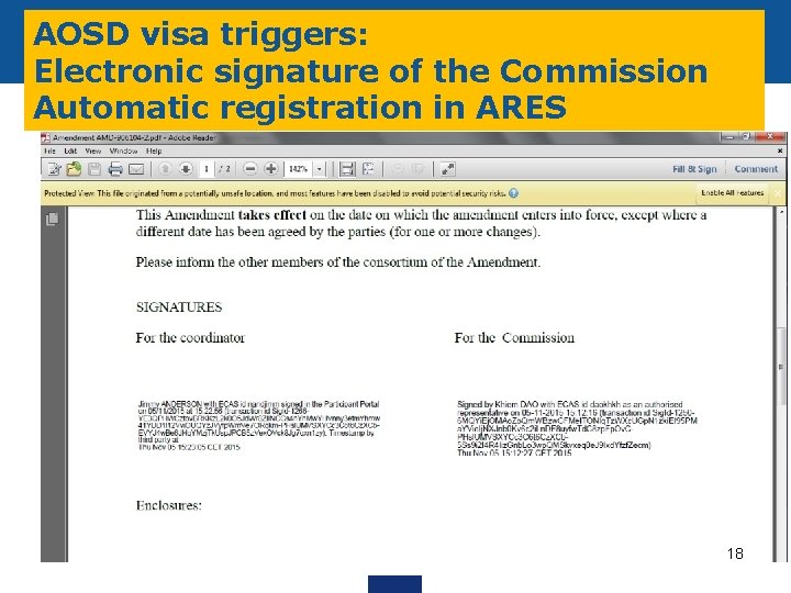 AOSD visa triggers: Electronic signature of the Commission Automatic registration in ARES 18 