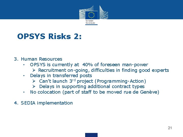 OPSYS Risks 2: 3. Human Resources • OPSYS is currently at 40% of foreseen