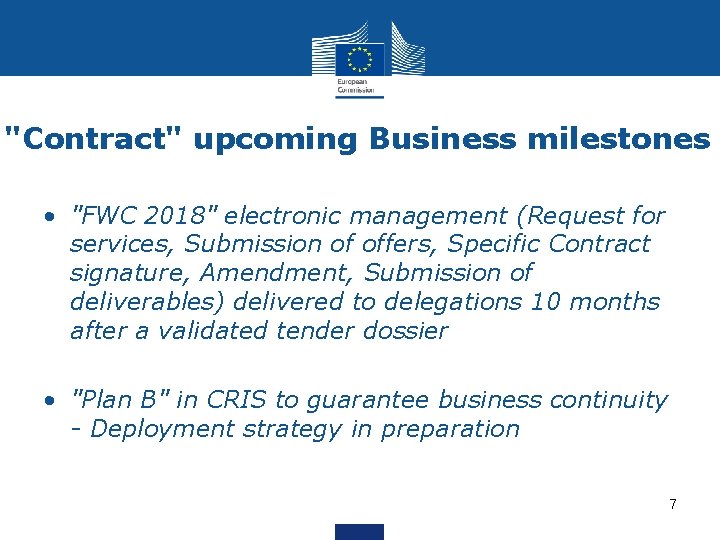"Contract" upcoming Business milestones • "FWC 2018" electronic management (Request for services, Submission of