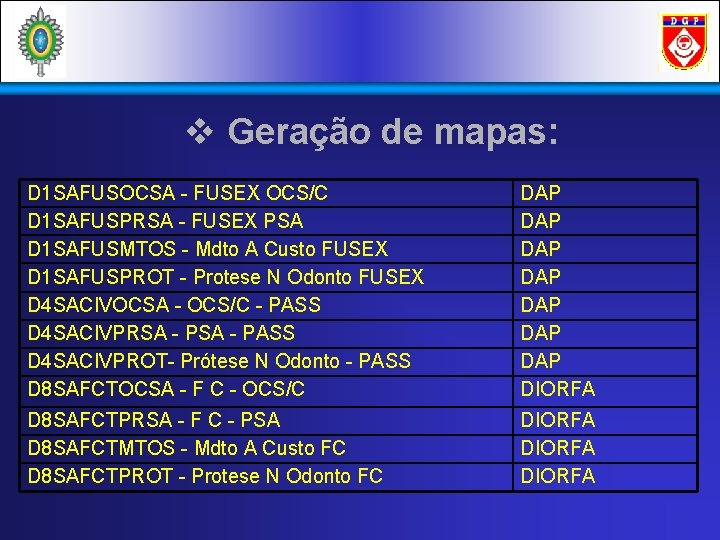 v Geração de mapas: D 1 SAFUSOCSA - FUSEX OCS/C D 1 SAFUSPRSA -