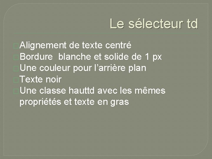 Le sélecteur td �Alignement de texte centré �Bordure blanche et solide de 1 px