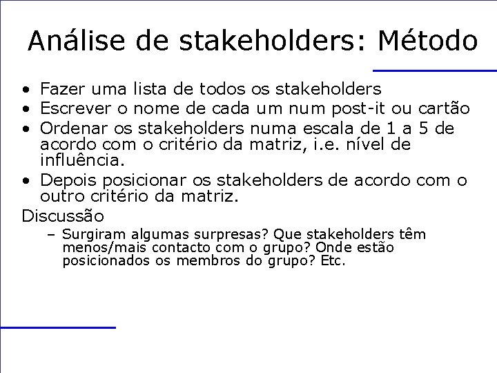 Análise de stakeholders: Método • Fazer uma lista de todos os stakeholders • Escrever