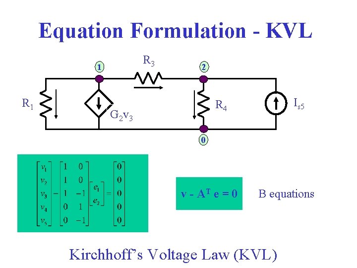 Equation Formulation - KVL R 3 1 R 1 2 Is 5 R 4