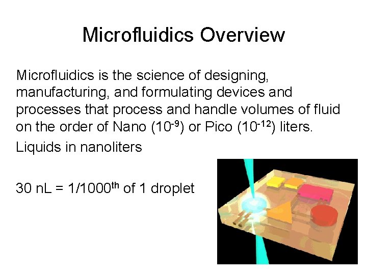 Microfluidics Overview Microfluidics is the science of designing, manufacturing, and formulating devices and processes