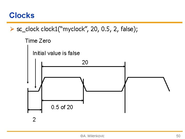 Clocks Ø sc_clock 1(“myclock”, 20, 0. 5, 2, false); Time Zero Initial value is