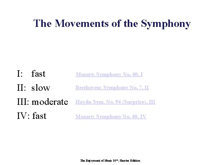 The Movements of the Symphony I: fast II: slow III: moderate IV: fast Mozart: