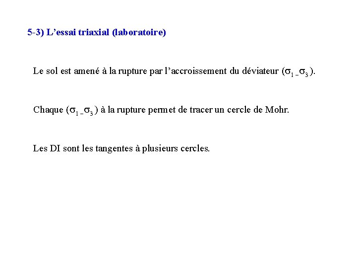 5 -3) L’essai triaxial (laboratoire) Le sol est amené à la rupture par l’accroissement