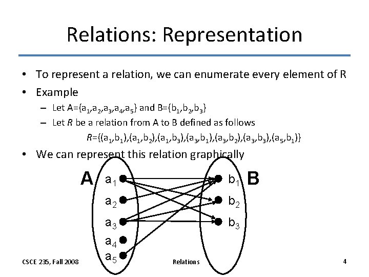 Relations: Representation • To represent a relation, we can enumerate every element of R Relations: Representation • To represent a relation, we can enumerate every element of R