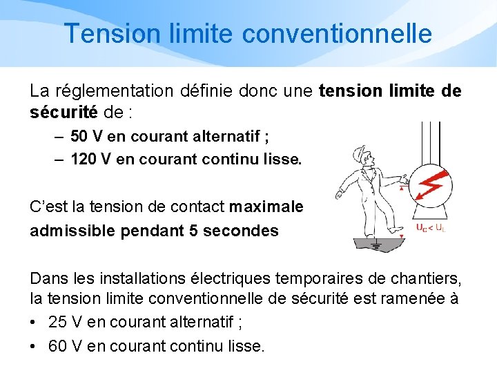 Tension limite conventionnelle La réglementation définie donc une tension limite de sécurité de :