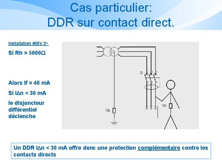 Cas particulier: DDR sur contact direct. Installation 400 V 3~ Si Rh = 5000