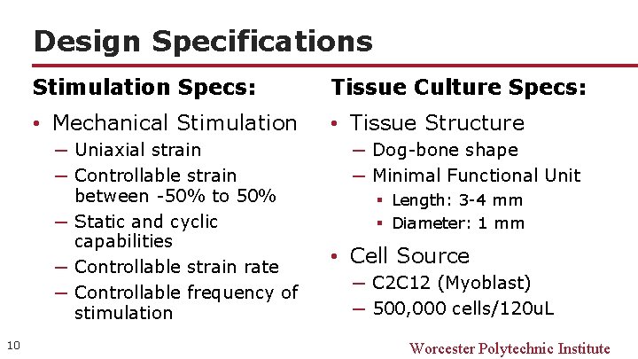 Design Specifications Stimulation Specs: Tissue Culture Specs: • Mechanical Stimulation • Tissue Structure ─