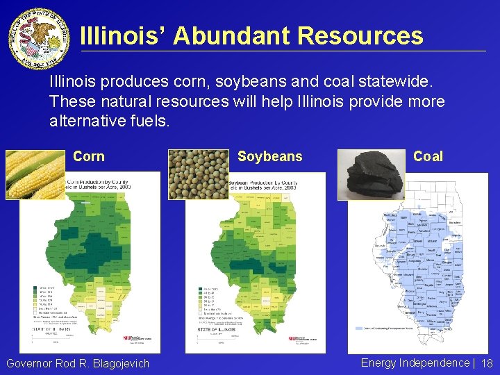 Illinois’ Abundant Resources Illinois produces corn, soybeans and coal statewide. These natural resources will