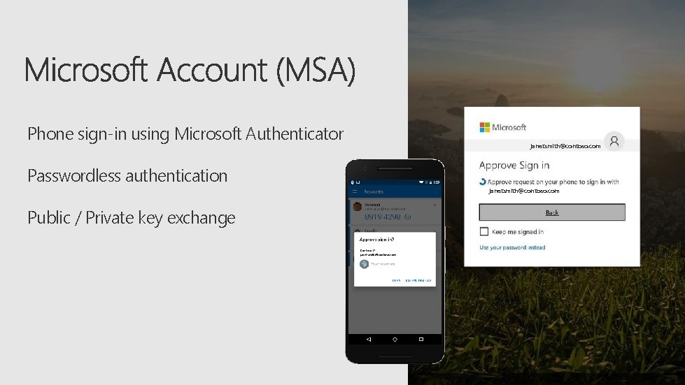 Phone sign-in using Microsoft Authenticator janetsmith@contoso. com Passwordless authentication janetsmith@contoso. com Public / Private
