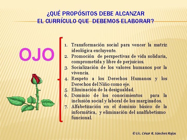 ¿QUÉ PROPÓSITOS DEBE ALCANZAR EL CURRÍCULO QUE DEBEMOS ELABORAR? OJO 1. Transformación social para