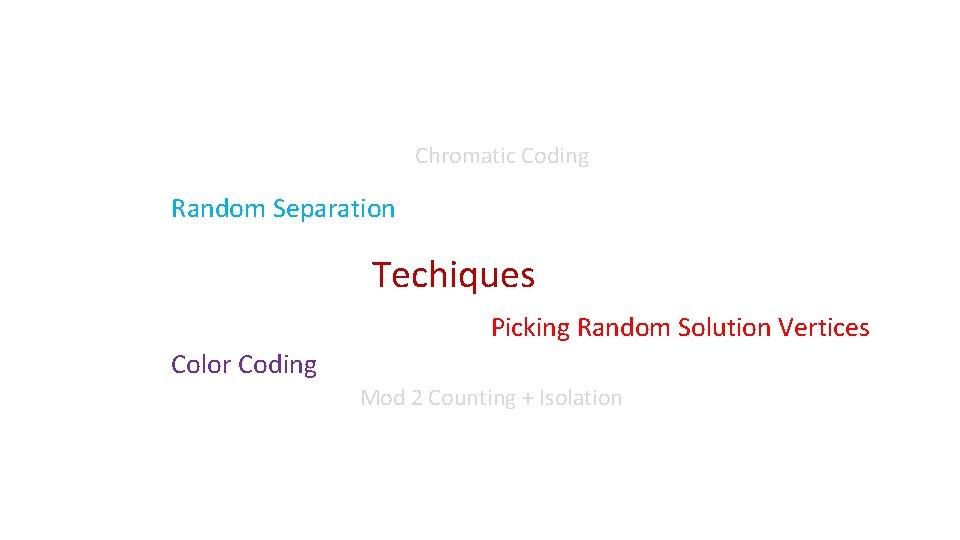 Chromatic Coding Random Separation Techiques Picking Random Solution Vertices Color Coding Mod 2 Counting