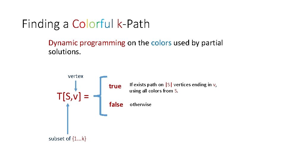 Finding a Colorful k-Path Dynamic programming on the colors used by partial solutions. vertex