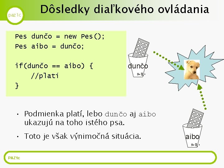 paz 1 c Dôsledky diaľkového ovládania Pes dunčo = new Pes(); Pes aibo =