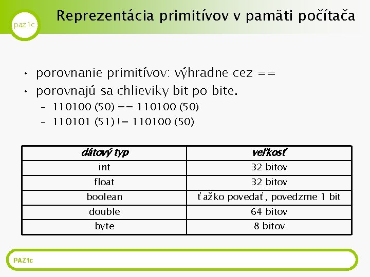 paz 1 c Reprezentácia primitívov v pamäti počítača • porovnanie primitívov: výhradne cez ==