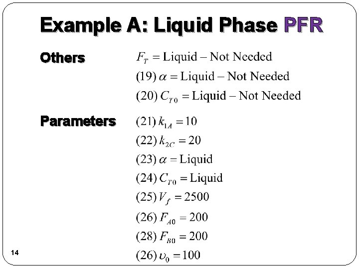 Example A: Liquid Phase PFR Others Parameters 14 