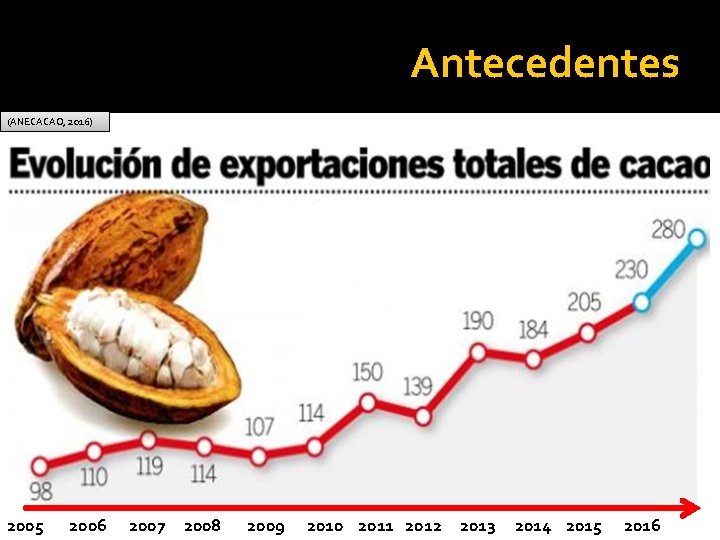 Antecedentes (ANECACAO, 2016) 2005 2006 2007 2008 2009 2010 2011 2012 2013 2014 2015