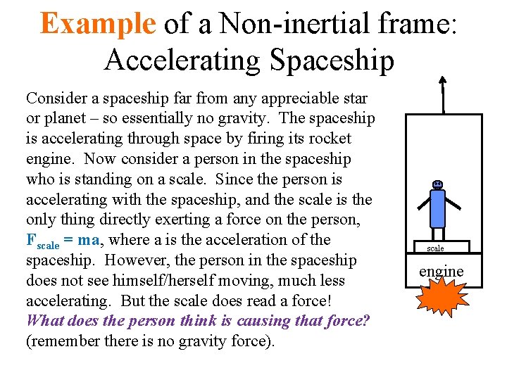 Example of a Non-inertial frame: Accelerating Spaceship Consider a spaceship far from any appreciable