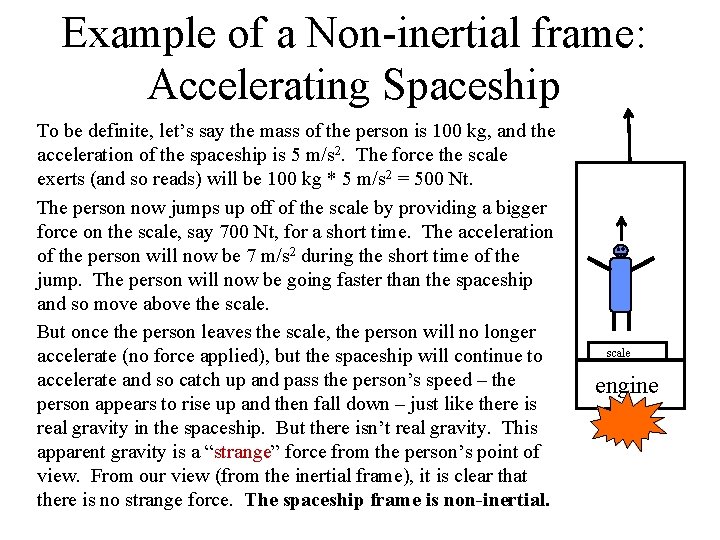 Example of a Non-inertial frame: Accelerating Spaceship To be definite, let’s say the mass