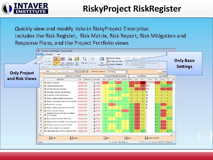 Risky. Project Risk. Register Quickly view and modify risks in Risky. Project Enterprise. Includes