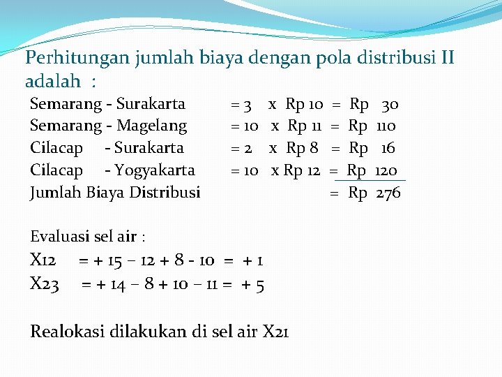 Perhitungan jumlah biaya dengan pola distribusi II adalah : Semarang - Surakarta Semarang -