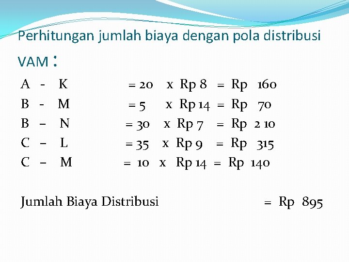 Perhitungan jumlah biaya dengan pola distribusi VAM : A B B C C -