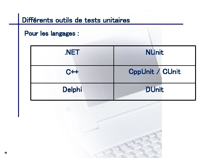 Différents outils de tests unitaires CONSEIL & INGENIERIE Pour les langages : 13 .