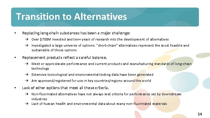 Transition to Alternatives • Replacing long-chain substances has been a major challenge: → Over