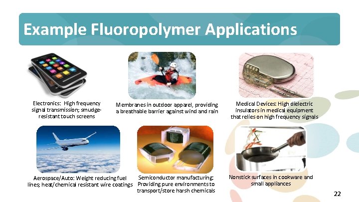 Example Fluoropolymer Applications Electronics: High frequency signal transmission; smudgeresistant touch screens Membranes in outdoor
