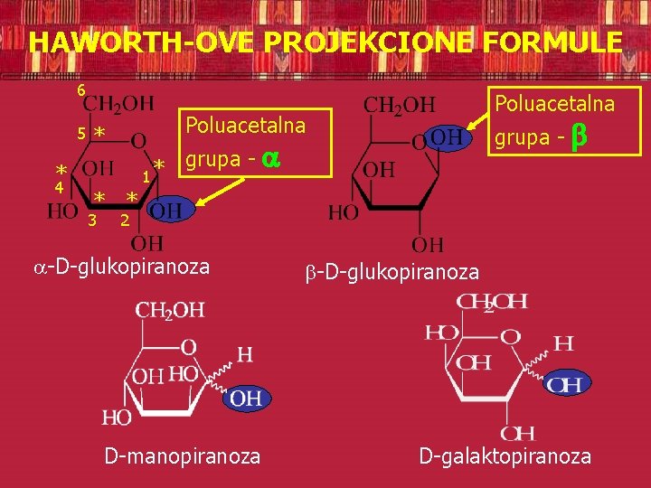 HAWORTH-OVE PROJEKCIONE FORMULE 6 5 Poluacetalna * grupa * 1 * 4 Poluacetalna grupa