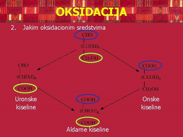 OKSIDACIJA 2. Jakim oksidacionim sredstvima Uronske kiseline Onske kiseline Aldarne kiseline 